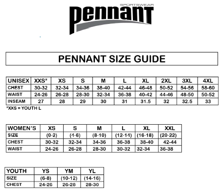 Pennant Sportswear Size Chart